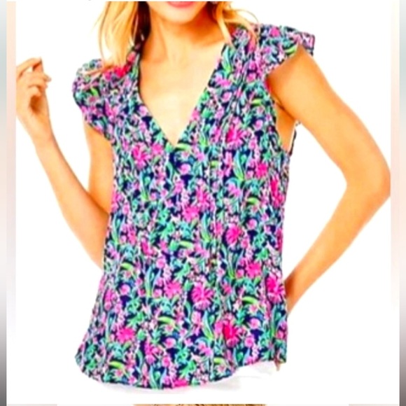 NWOT Lilly Pulitzer Joan Top Low Tide Navy Garden Variety Size S - Picture 1 of 9
